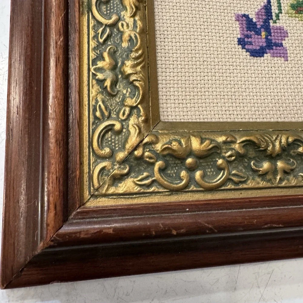Vintage Embroidered Cross with flowers Ornate Framed 17 X 13  Wall‎ Art